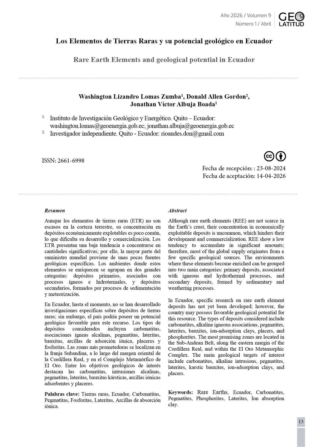 Los Elementos de Tierras Raras y su potencial geológico en Ecuador